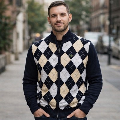 Lacoste Mens Argyle Full Zip Cardigan Sweater Navy Blue Cotton