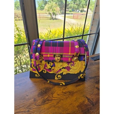 Gianni Versace Vintage Plaid Baroque Sun Medallion Shoulder Bag