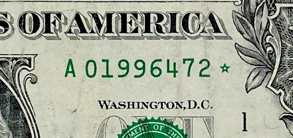 Star Note 1996 Year Note A 01996472 * Fancy Serial Number $1 Dollar Bill DC FRN - Image 2 of 4