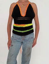 vintage black colorful hand knit crochet festival backless halter tank crop top