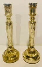 Vintage Mercury Glass Tapered Candle Sticks Set 2 Silver Clear Flame MCM