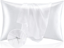 Satin Pillowcase with Zipper 2 Pack, White Pillow Cases Standard Size, Super Sof