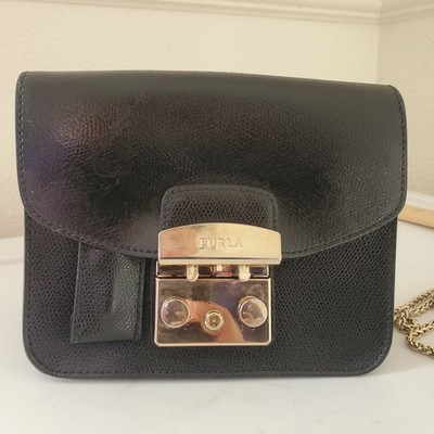 FURLA Metropolis Mini Crossbody Bag Black Leather Gold Chain Turn Lock Made in I