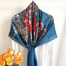 100% Mulberry Silk Large Square Scarf, Vintage Floral Print Satin Shawl