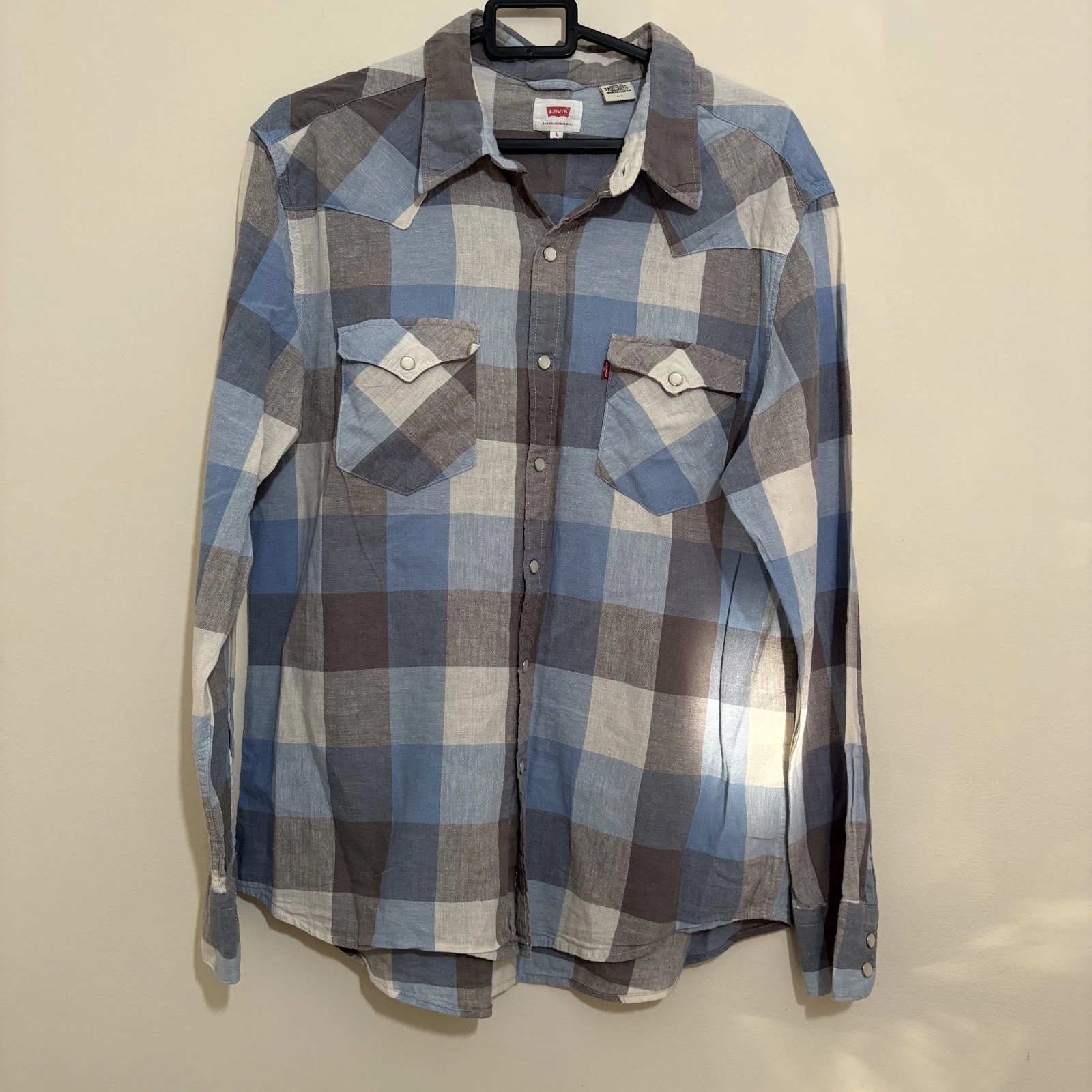 Levi’s Western Shirt L Blue Grey Plaid Linen Cotton Pearl Snap Check Long Sleeve