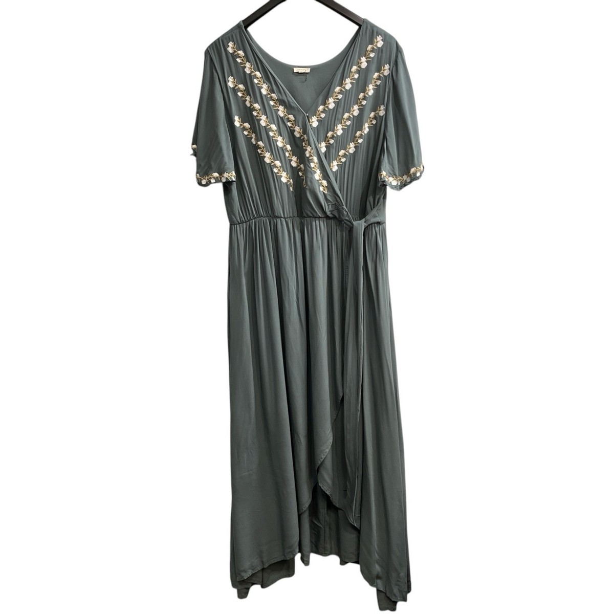 Jodifl Dress Womens 2X Green Faux Wrap Asymmetrical Maxi Embroidered Floral  Boho | eBay