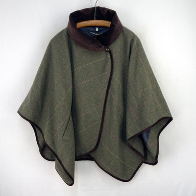 Joules Jillian Tweed Cape Damen O/S grün kariert Wolle Samt Wickel Poncho Rennen