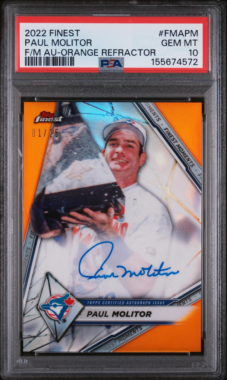 Paul Molitor 2022 Topps Finest Moments Auto Autograph Orange Jays 1/25 PSA 10 view 1