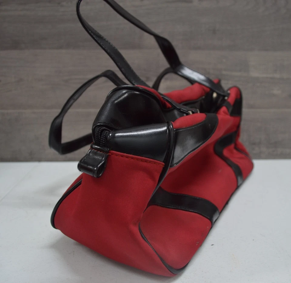 Vintage Red and Black Canvas Duffel Bag with Leather Trim Travel Tote - Image 4 of 4