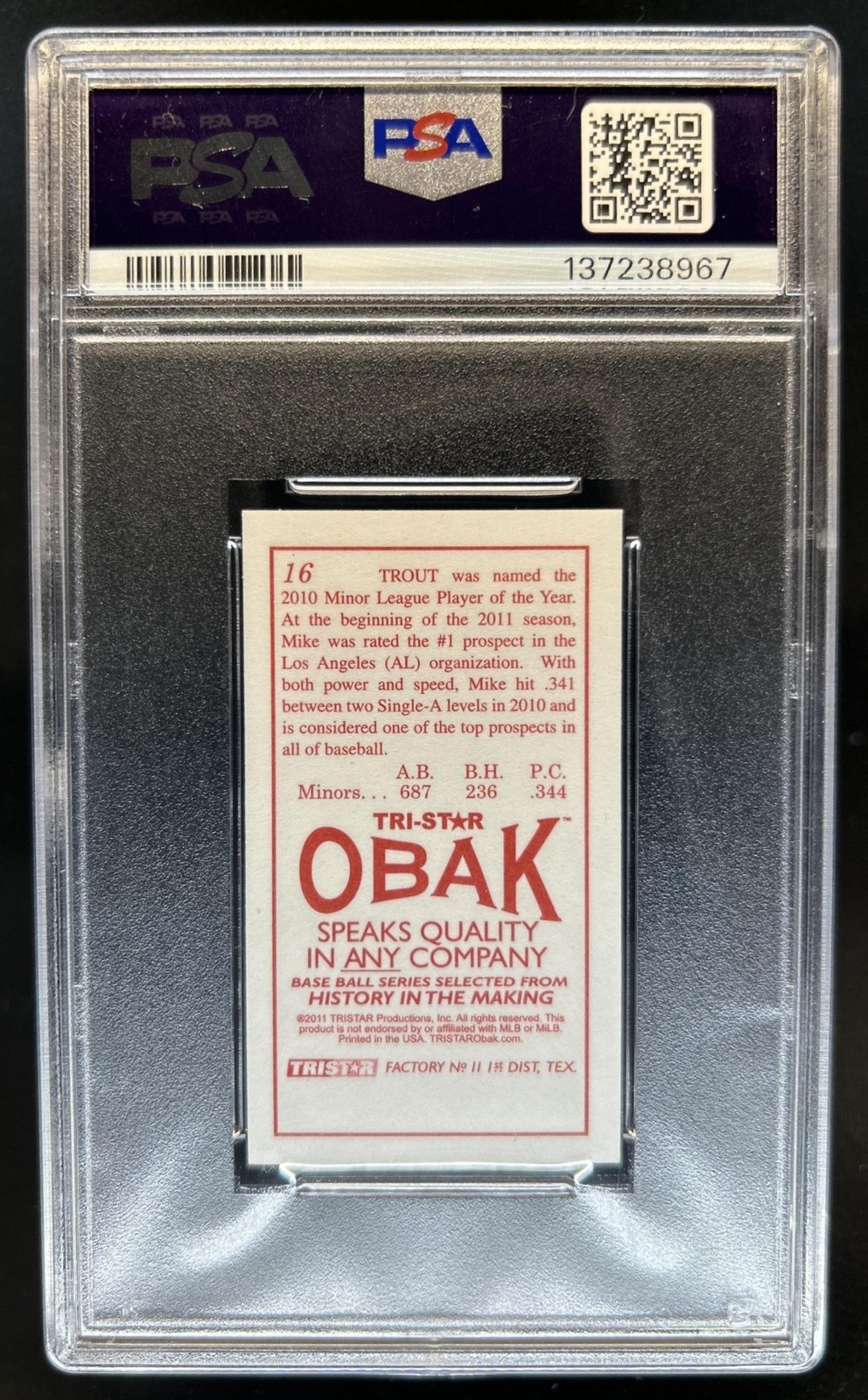 2011 TriStar Obak Mike Trout Mini T212 #16 Angels PSA 7 view 2