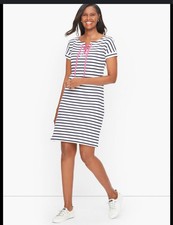 T by Talbots Striped Lace-Up Cotton Terry Dress – Navy/White – MP