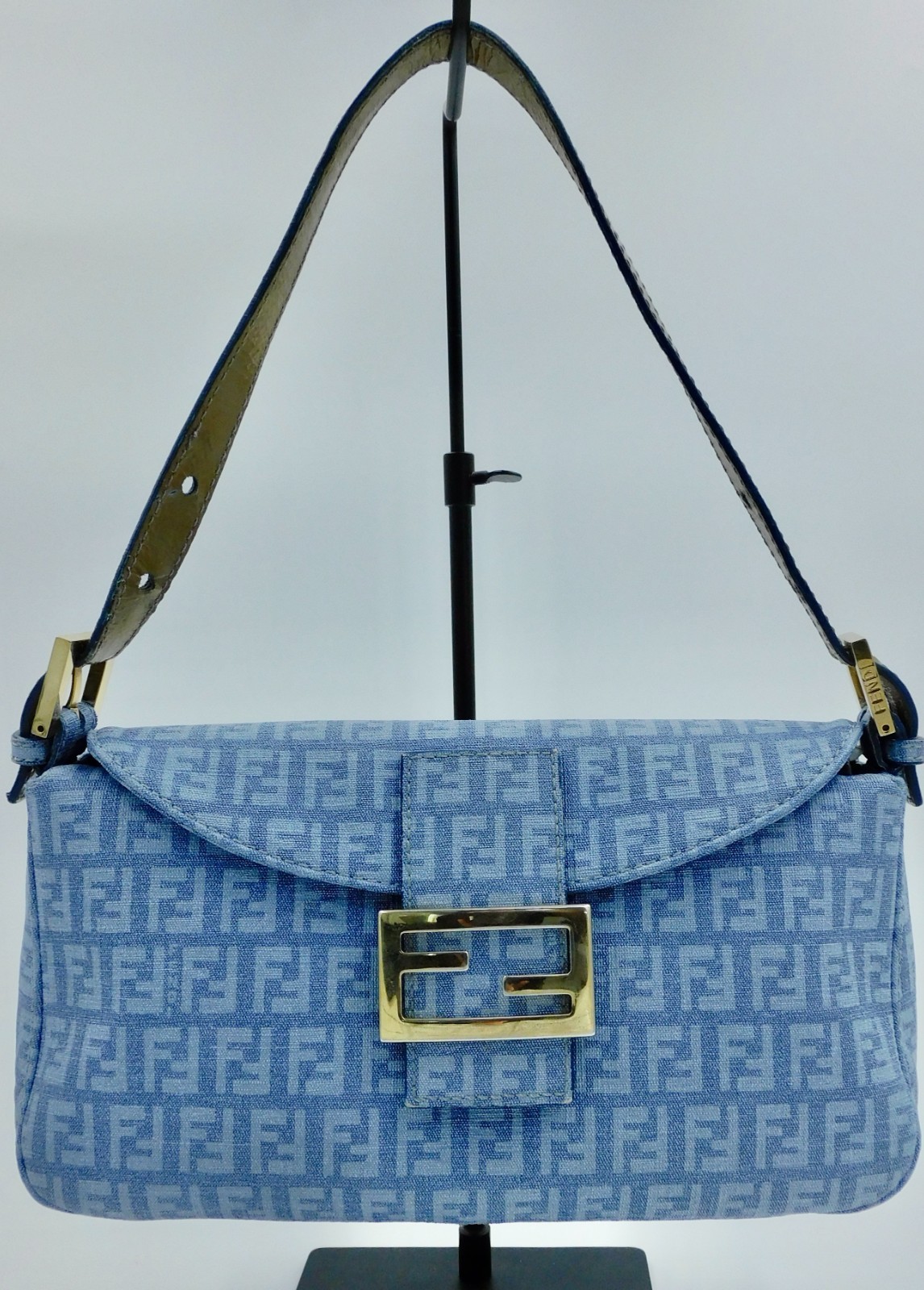 FENDI Baguette Blue Zucchino Canvas Leather Shoulder Bag Gold FF Buckle Italy