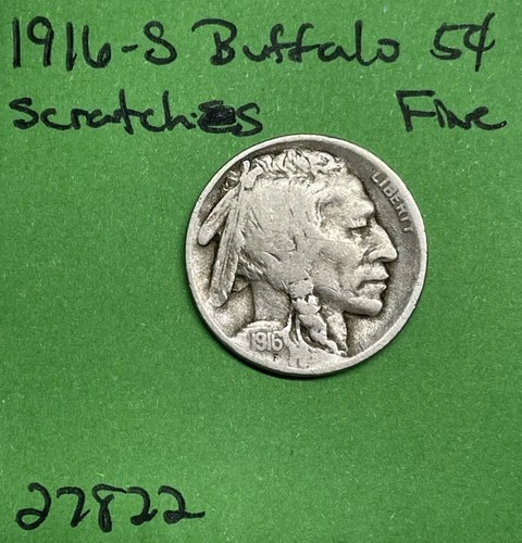 1916 S US Buffalo 🦬 Indian Head Nickel 5c Fine Scratches