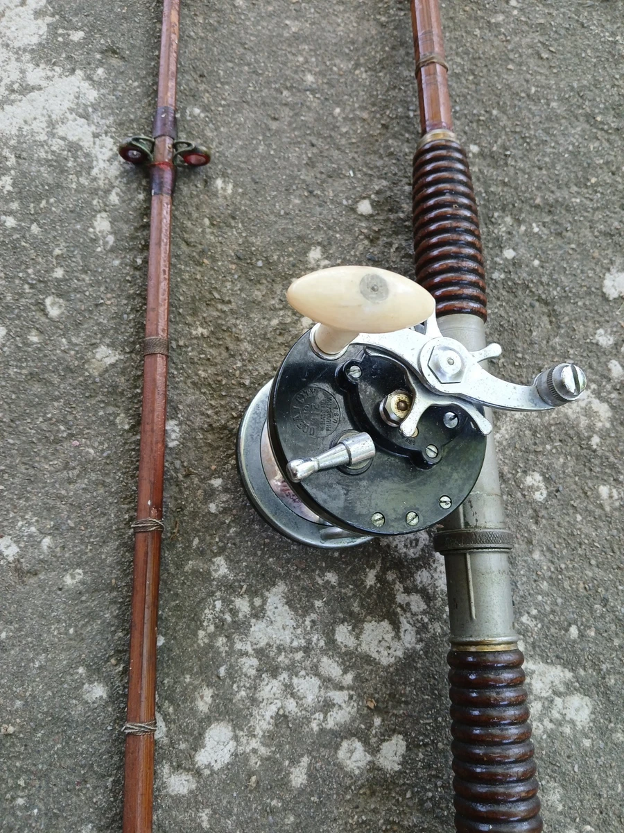 antique thumb release reel fishing pole 1940's wood rod with Pfluger Sal-Trout Southern Adirondack ReStore Antique Fishing Rod True Bakelite