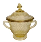VTG Sugar with RARE Lid Federal Glass NORMANDIE Bouquet and Lattice Amber Yellow