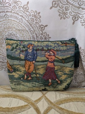 NWOB Holdings Fine Accessories Travel Cosmetic Bag Tapestry Golf Print w/ Tassel