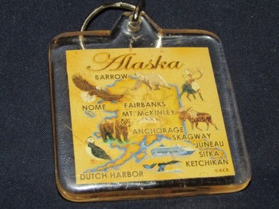 Vintage Alaska Map Key Chain Split Ring 2  x 2  Clear Plastic w/ Wildlife 