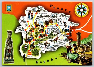 Valls d Andorra Illustrated Map Pyrenees Mountains Villages Chrome Postcard
