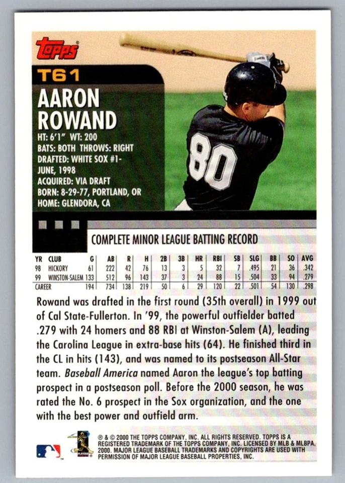 2000 Topps Traded & Rookies Aaron Rowand Rookie Chicago White Sox #T61 - Image 2 of 2