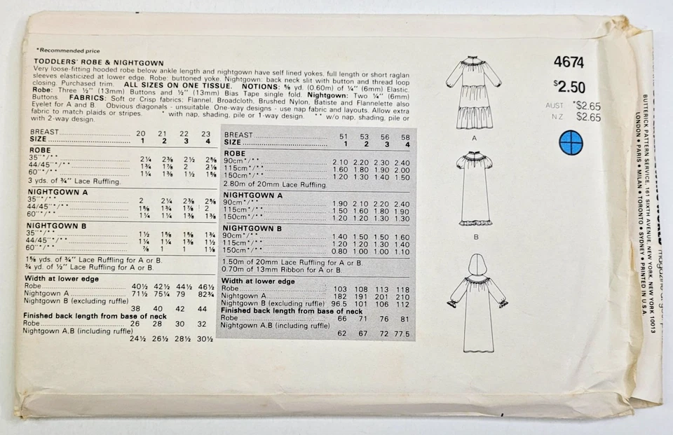 VTG 80s Butterick Sew Pattern 4674 Toddler Nightgown & Robe w/Hood Sz 1-4 UNCUT - Image 2 of 3