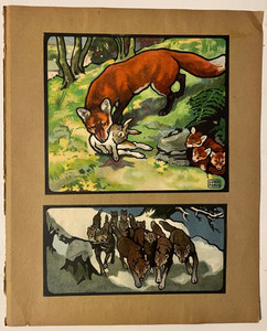Lovely 1910 Vintage Edwin Noble Red Fox & Wolves Color Original Old Print LOOK!