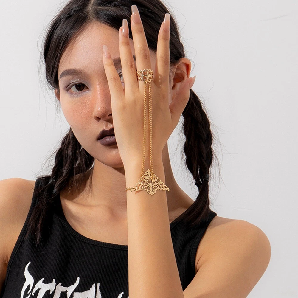 Charming Y2K Female Rings Finger Wrist Chains Metal Bracelets Aesthetic Jewelry