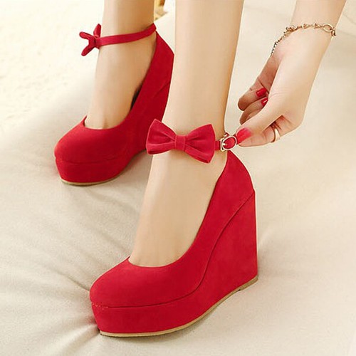 Women Ladies Bow-Knot Ankle Strap Platform Pumps Round Toe Wedge Brides  Shoes | eBay