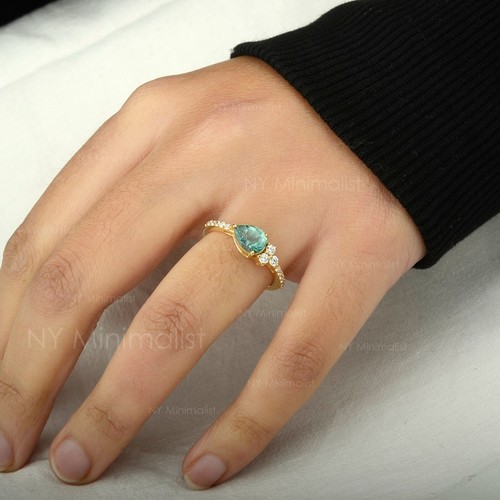 Halo Pear Green Tourmaline SI Clarity G-H Diamond Solid 18K Yellow Gold Ring - Picture 5 of 22