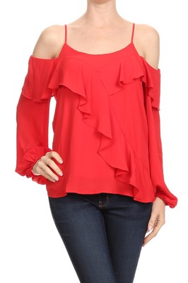 Vava Open Shoulder Top Vibrant Red Ruffled Tierred Front L/S NWT Size XS-L $85 
