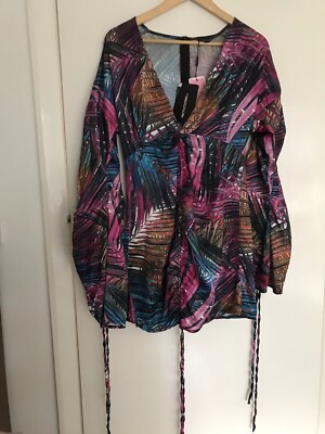 Pretty Little Thing 12 Multi Palm Print Satin Plunge Ruched Front Dress  BNWT | eBay UK