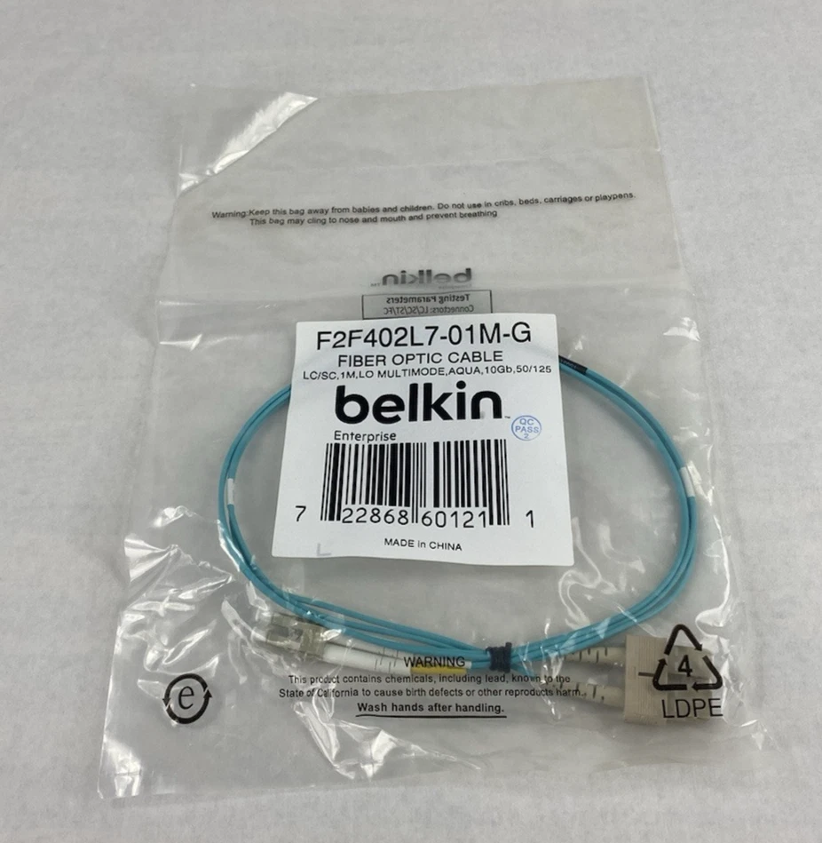 Belkin F2F402L7-01M-G  LC to SC 1M LO Multimode Aqua 10Gb Fiber Optic Cable - Image 2 of 4