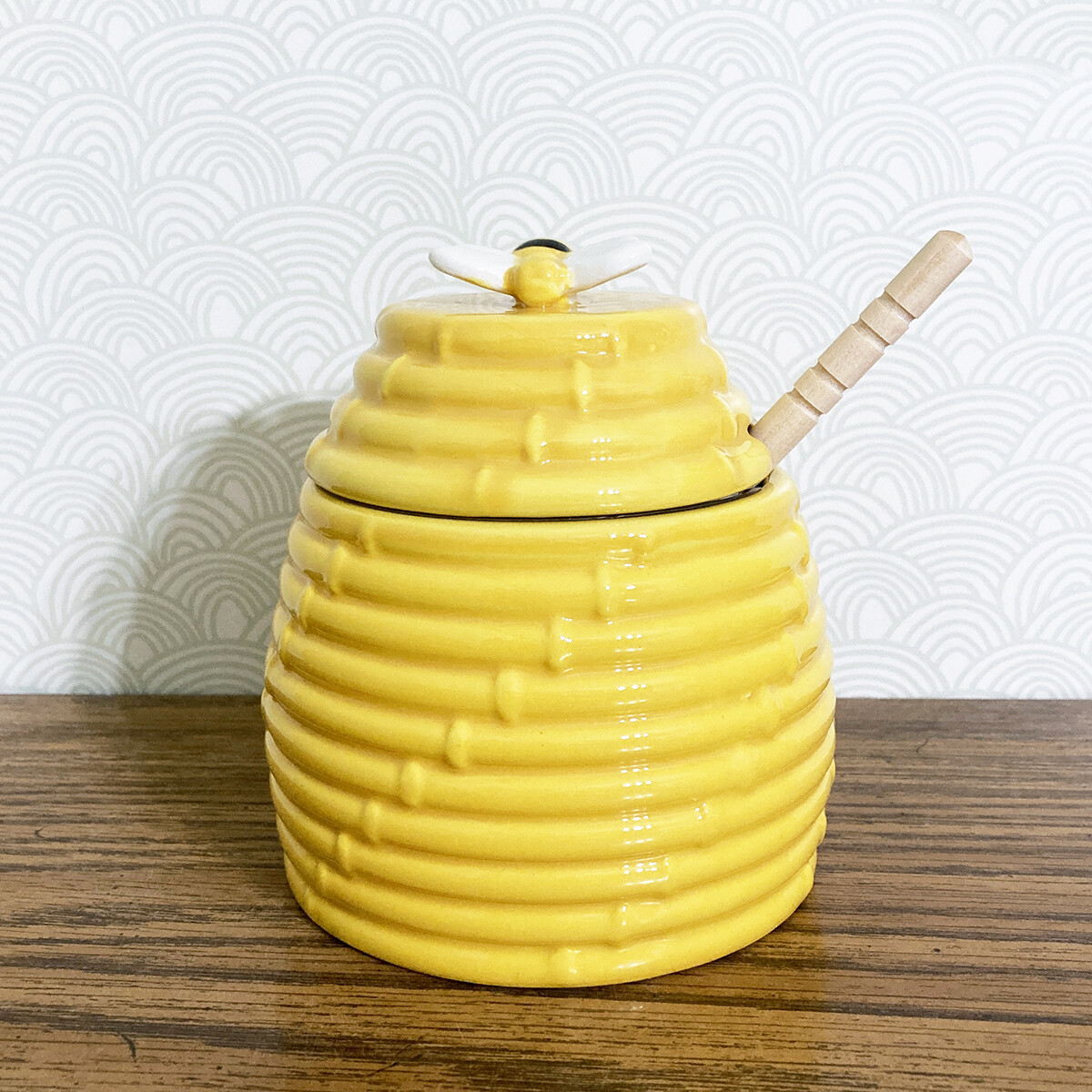Yellow Bee Hive Honey Pot Ceramic Jar & Wood Dipper Drizzler 4.5