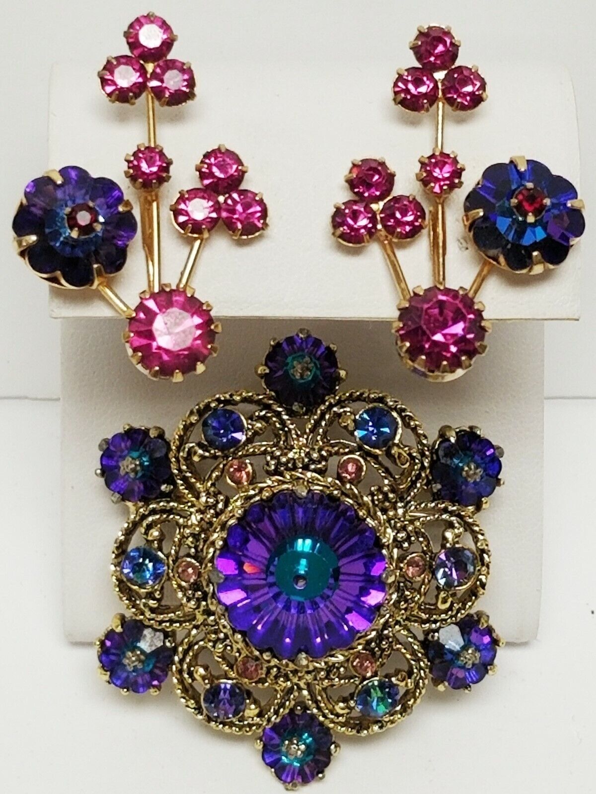 Vintage Purple Peacock Rivoli Rhinestone Brooch & Clip Earrings Married Set Popularna wyprzedaż, świetne oferty