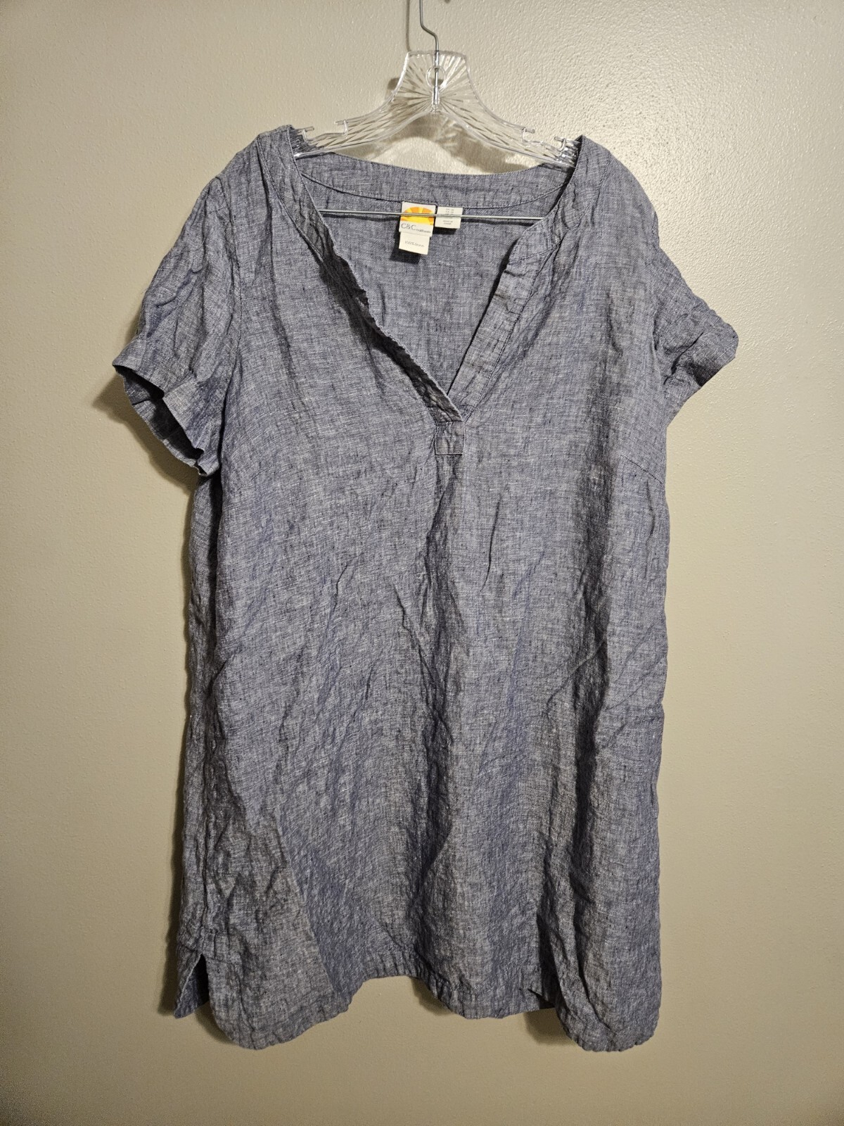 C&C California Dress Womens Blue Linen Blend Button Front Size 1X