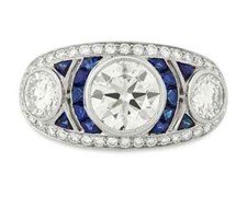 French Art Deco Inspired Old Mine Cut Cubic Zirconia Blue Sapphire Women Ring