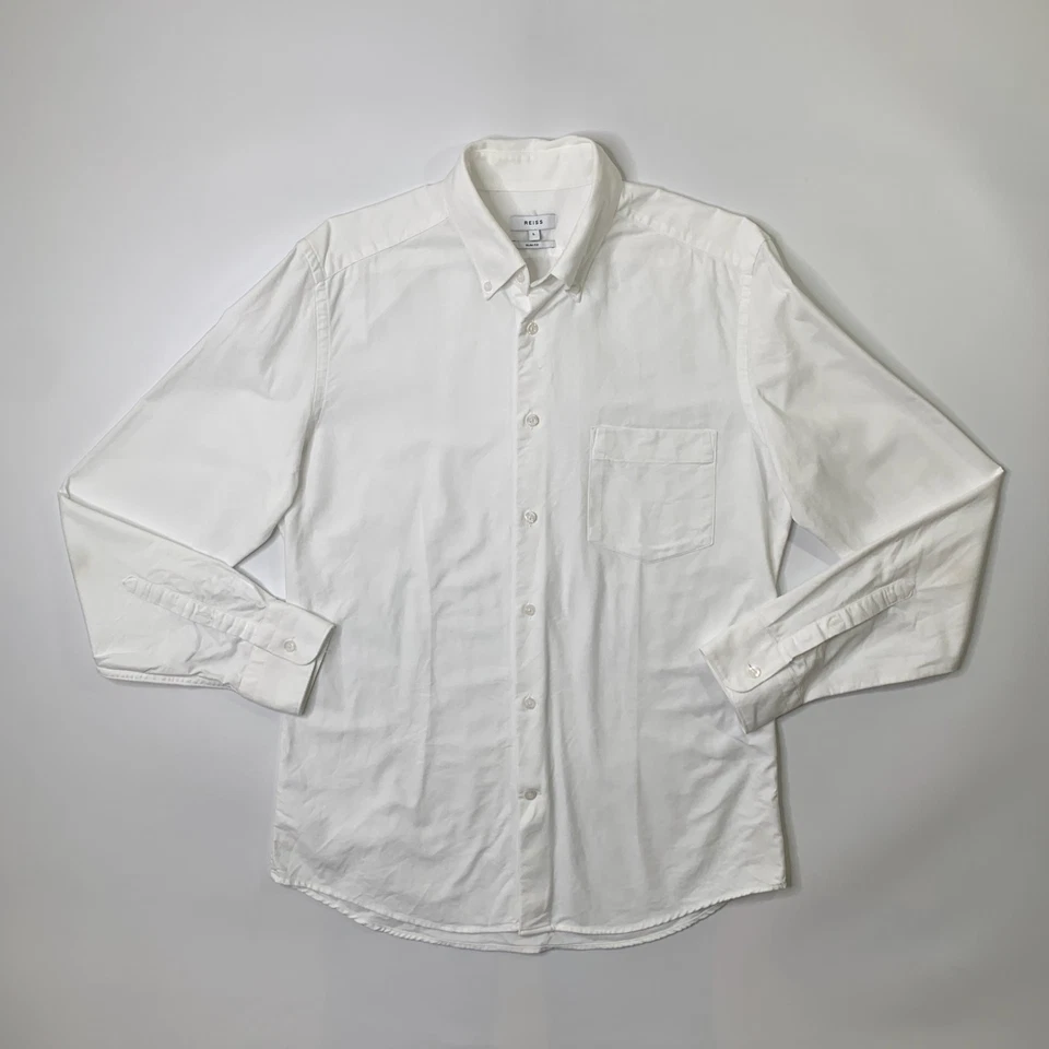 Camisa Reiss Para Hombres L Grande Blanco Algodón Calce Ajustado Botones Boda Vestido Formal Foto 2 de 4