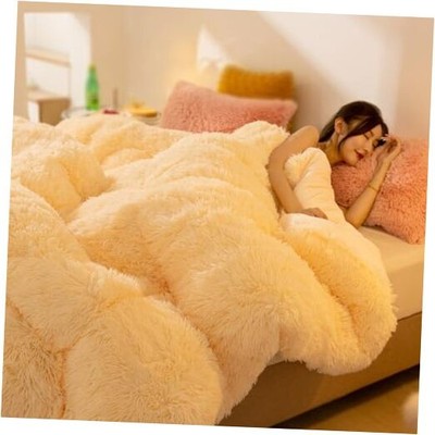  Luxury Thick Fluffy Faux Fur Comforter, Big Heavy Warm Winter Full Yellow