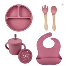 Food Grade Silicone Kids Dish Set Suction Bowl Straw Cup Spoon Fork Tableware
