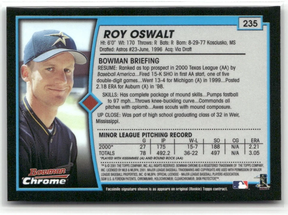 2001 BOWMAN CHROME #235 ROY OSWALT HOUSTON ASTROS - Image 2 of 2