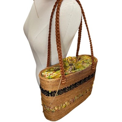 Vintage Rattan Tote Bag Floral Batik Drawstring Brown Woven Straw Shoulder Bag