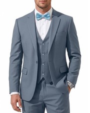 Men's 3-Piece Slim Fit Suit Blazer Vest Pants Bow Tie Set Blue Grey