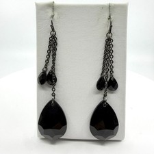 Black Faceted Teardrop Chandelier Earring Gunmetal Chain Gothic Statement Dangle