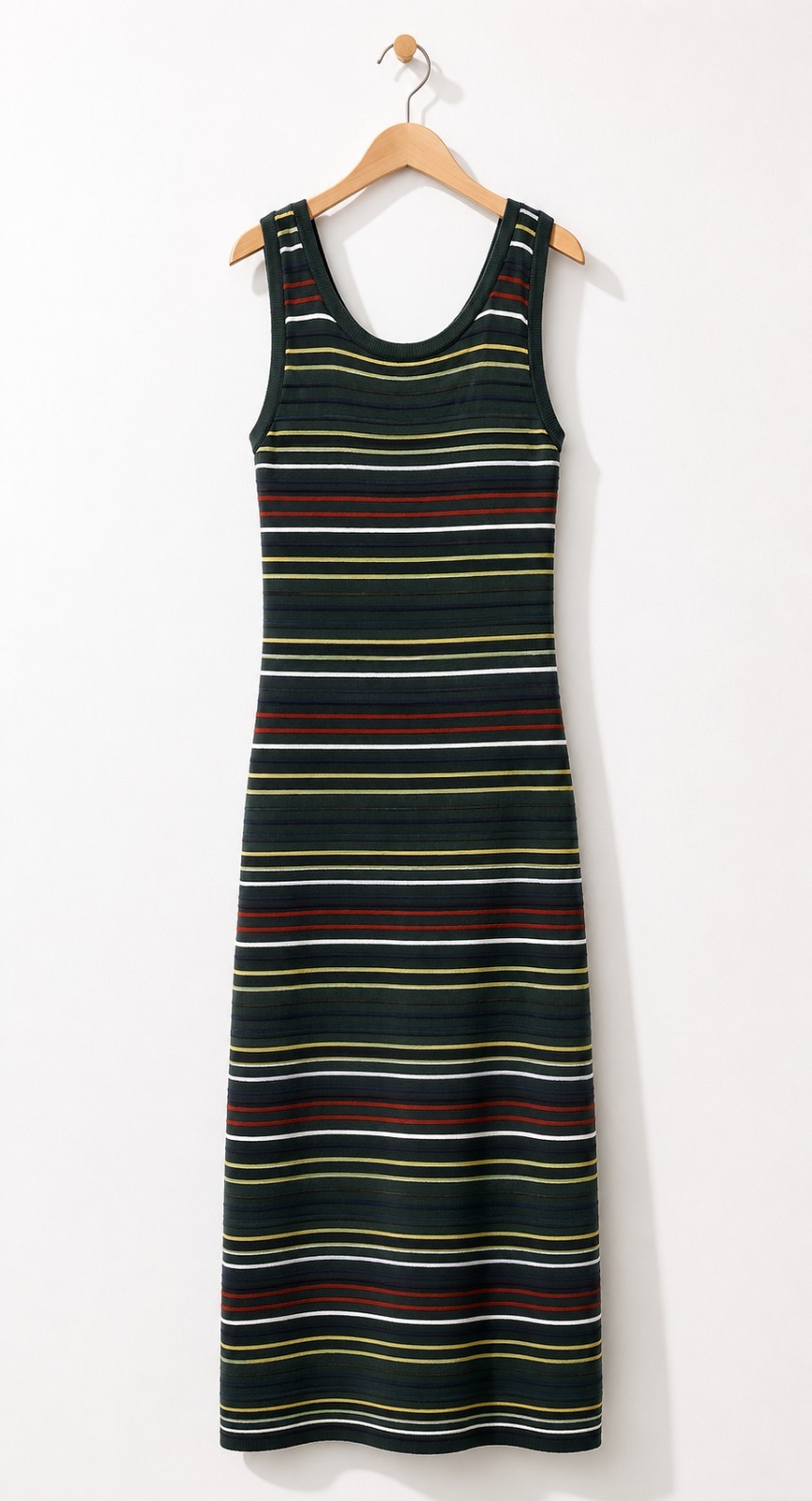 Next Khaki Green Stripe Knit Maxi Dress 12 Sleeveless Open Back Stretch Party image 3
