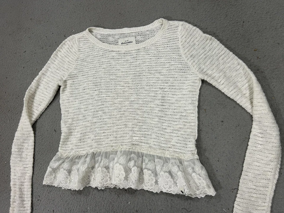 Suéter Y2K Abercrombie Niños Niñas Mediano Blanco Marfil Tejido Encaje Preppy Academia Foto 2 de 4