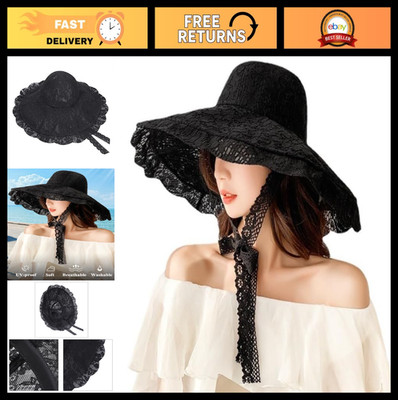 Wide Brim Floral Lace Sun Hat - Foldable Floppy Bucket Cap for Beach, Tea Party,