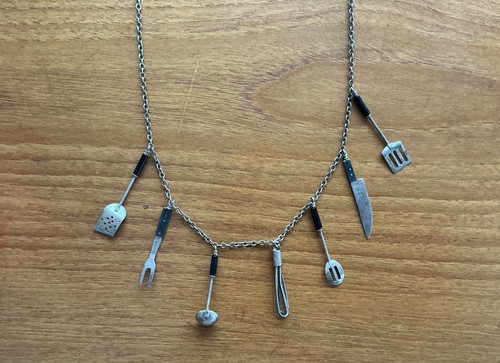 Vintage Sterling Kitchen Utensil Charm Necklace By Artisan Peggy Johnson Marked