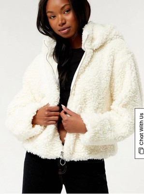 We Wore What Curly Sherpa Jacket Sm/med Fur Hoodie Ivory Zip Teddy Bear Coat