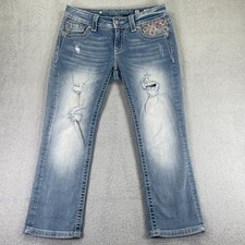 Miss Me Jeans Womens 27 Signature Cuffed Capri Light Wash Embroidered Rhinestone