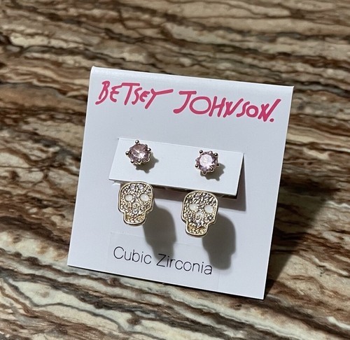 Betsey Johnson Jewelry Gold Earrings Pink Crystal Pave Skeleton Earrings - Picture 6 of 8