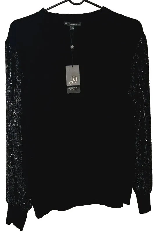 Adrianna Papell Women s Mock Ruffle Neck Sequin Sleeve Sweater Size L Black NWT